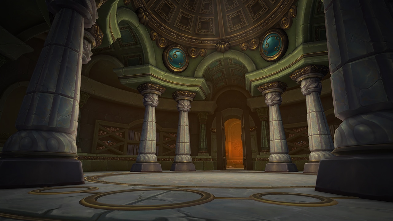 Interior shot Uldaman: Legacy of Tyr dungeon. Tall, adorned stone columns in a circular room lead to an eerie, narrow passage down a hallway.