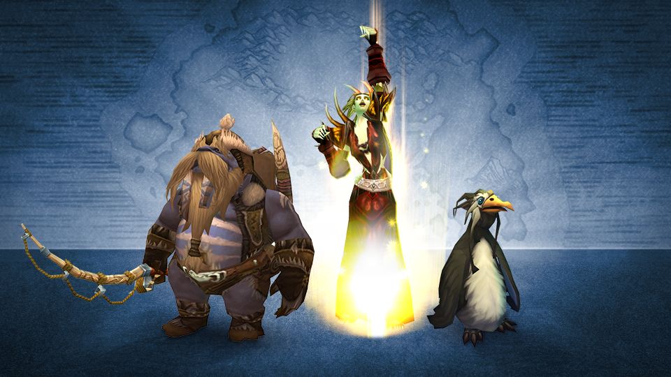  Colmillarr sujetando una caña de pescar, una no-muerta rodeada de un brillo dorado y un pingüino mascota.