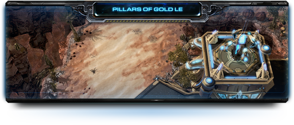 Imagen muestra un desierto, en la esquina inferior derecha un pilar de Protoss. En el tope el texto: Buscadores de oro
