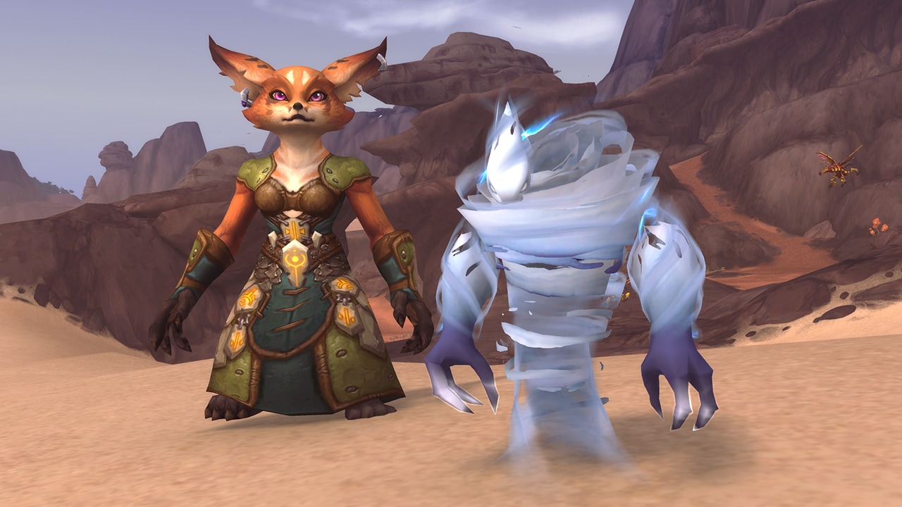 A Vulpera stands next to the Primal Stormling, a fierce air elemental battle pet.