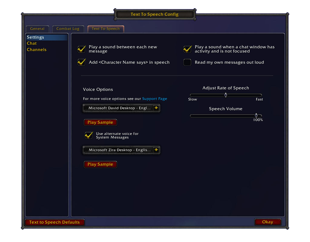 The Text to Speech Config Settings window offers several options for players to customize the feature to suit their needs.