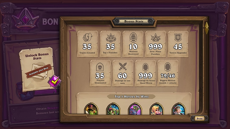 Accédez aux statistiques détaillées de vos performances dans Hearthstone : Champs de bataille (accessibles depuis l’écran de recherche de partie).