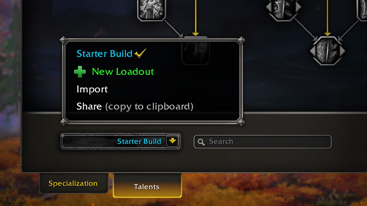 A zoomed-in look at the loadouts drop-down menu, showing four items "Share Build", "New Loadout", "Import", "Share (copy to clipboard)"