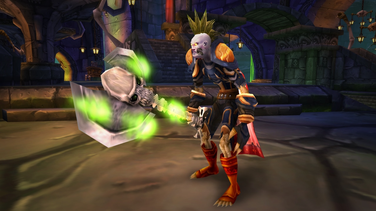 A Forsaken warrior wielding the Arcanite Ripper, a large two-handed axe sporting a big skull and guitar strings along the shaft, a mix between weapon and musical instrument.