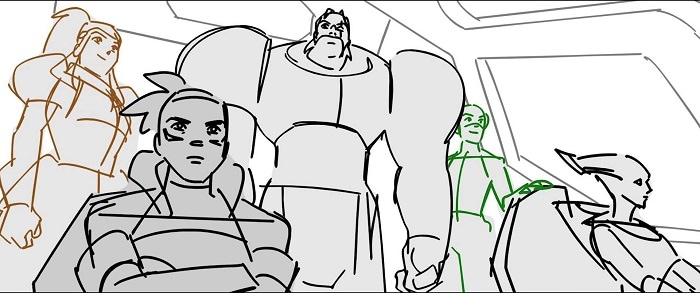 Overwatch 2 storyboard showcasing multiple heroes in the cockpit of a jet.