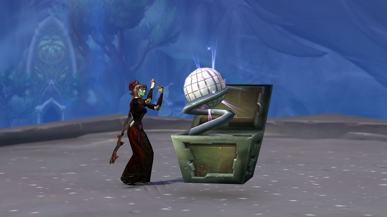 A female undead forsaken dances near the D.I.S.C.O., a crystal disco ball popping out of a wooden box.