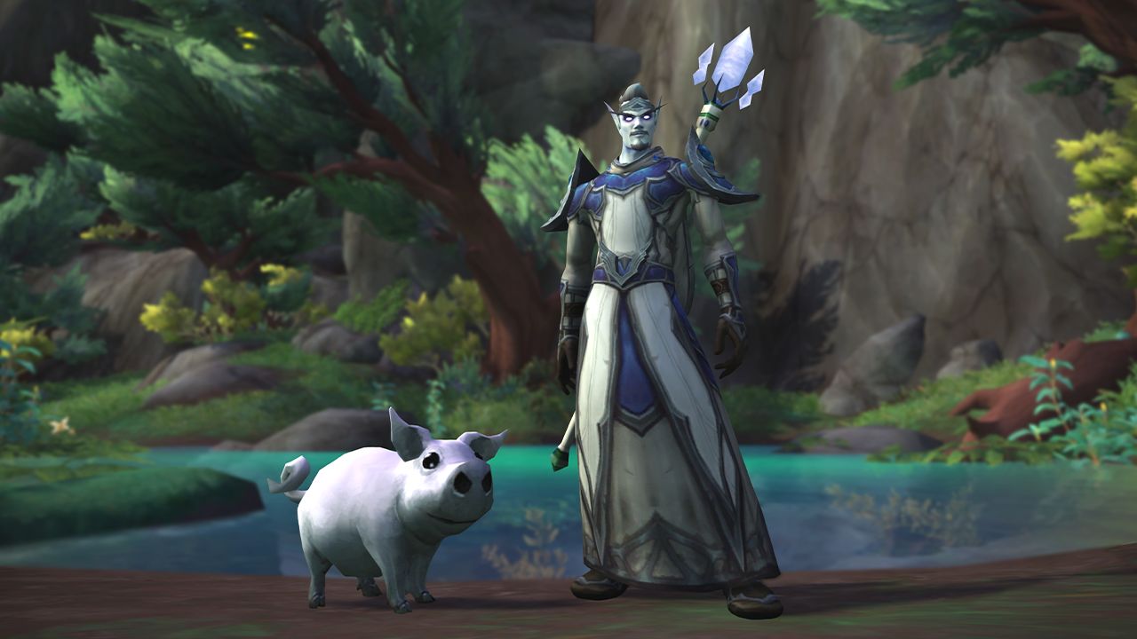 A Void elf with a silvery skin and matching attire poses next to the Silver Pig by a tranquil lake.
