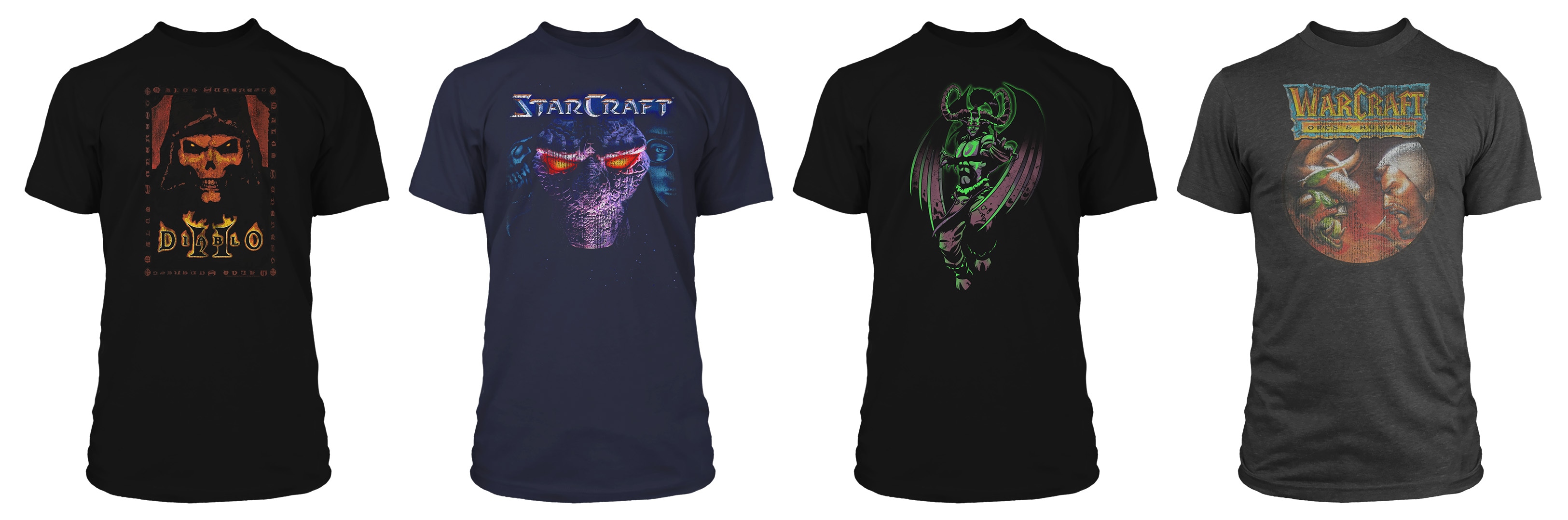 Four of the classic Diablo, Warcraft, and StarCraft T-shirts available in the Blizzard Gear Store