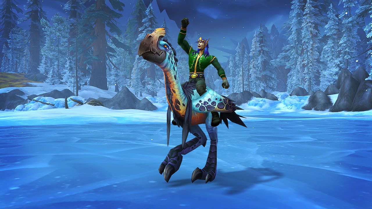 A Blood elf on an icy tundra triumphantly cheers while riding the Swift Shorestrider, an ostrich-like creature with blue and gold scales.