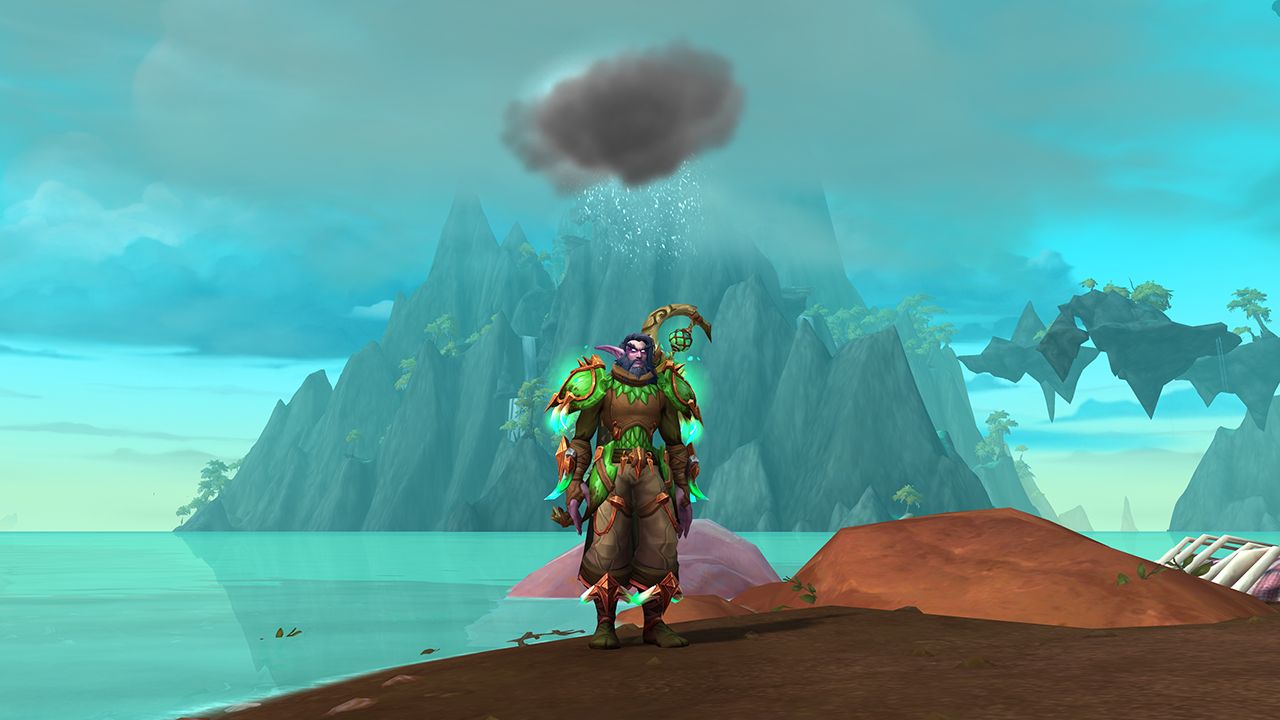 Goblin Weather Machine casting a rainy cloud over a male night elf