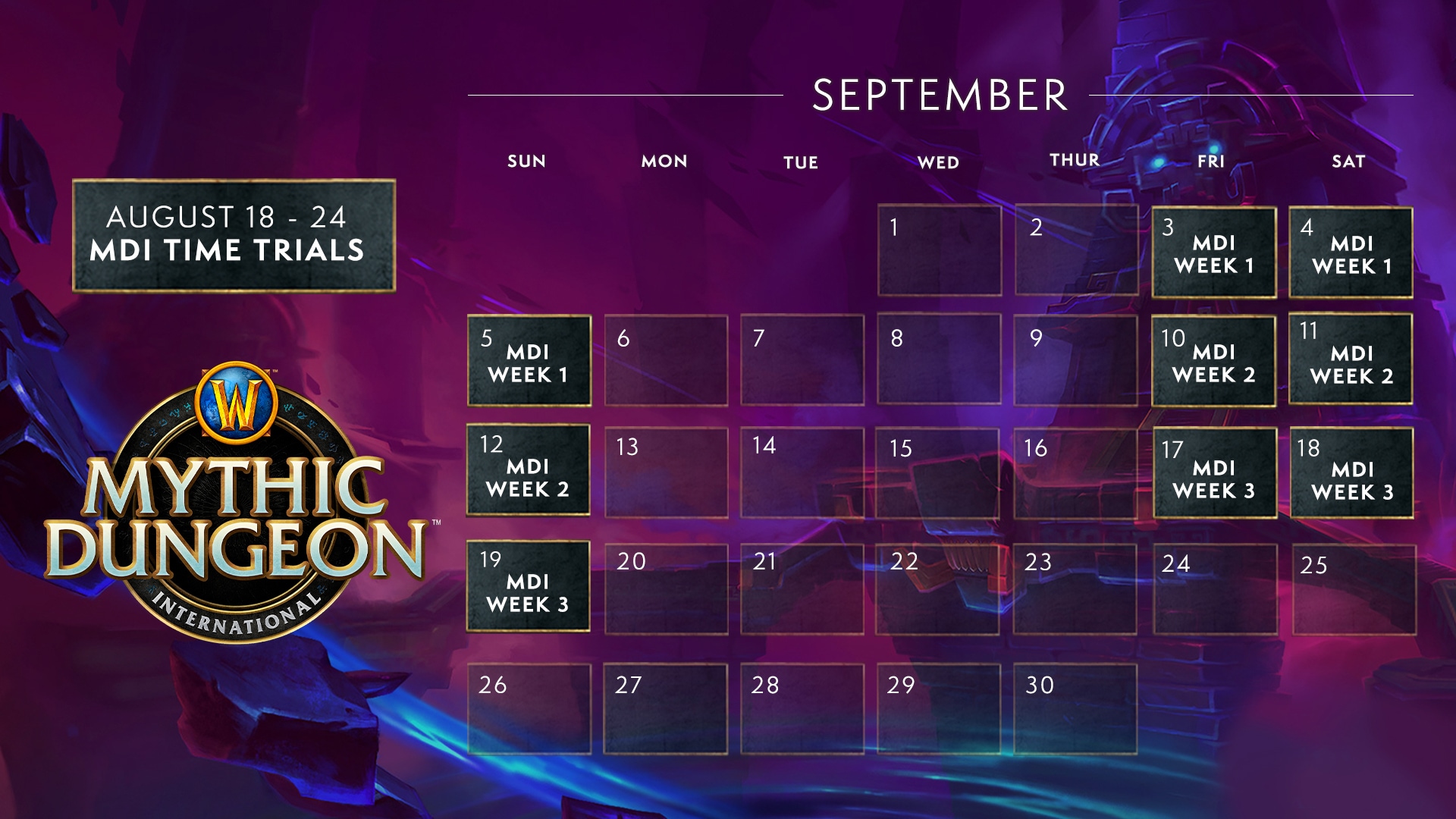 September calendar showing MDI dates: Every Friday-Sunday, October 3-19