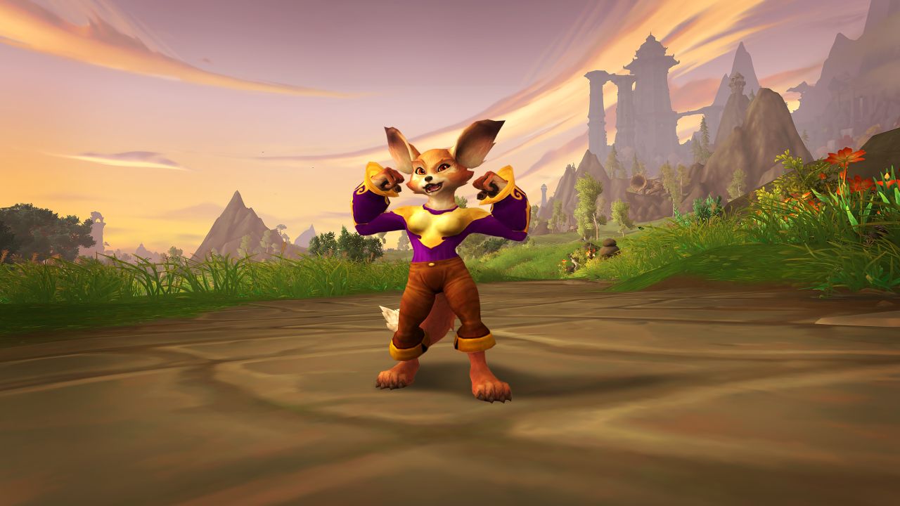 A Vulpera proudly /flexing while wearing the Epic Purple Shirt
