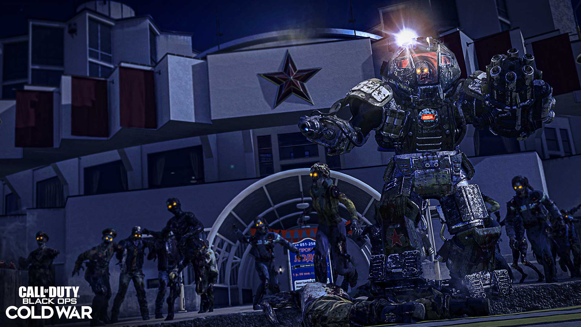 Group of Russian zombies who are outside at night, with one in a large mech suit