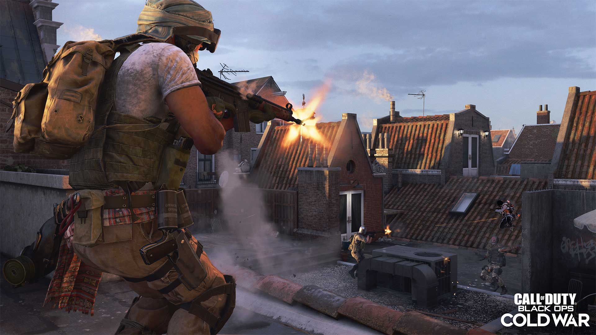 A gunfight taking place on the roofs of houses