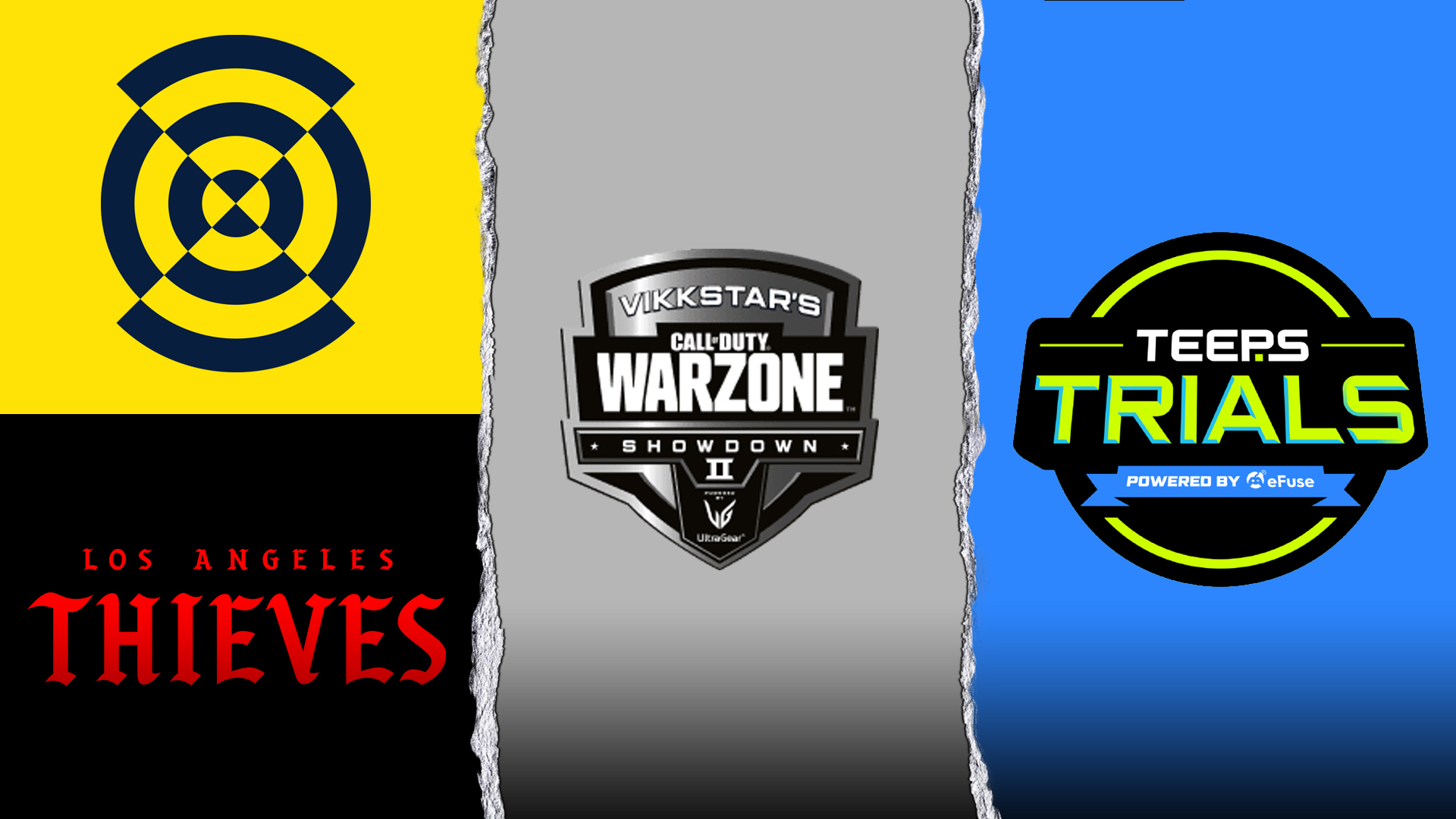 NY Warzonemania II logo, Los Angeles Thieves text, Vikkstar's COD: Warzone Showdown II logo, and TeeP's Trials logo