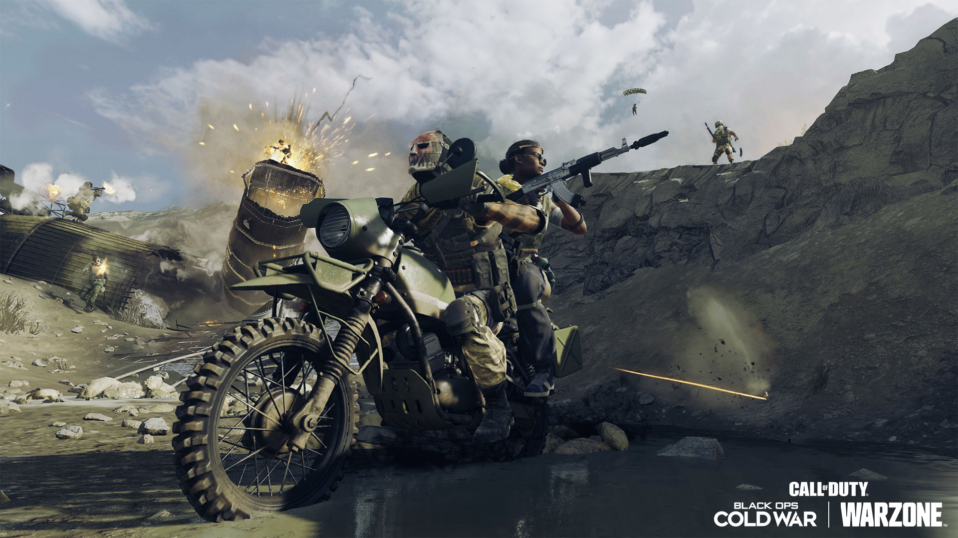 Two people riding a dirt bike while armed with a rocket launcher