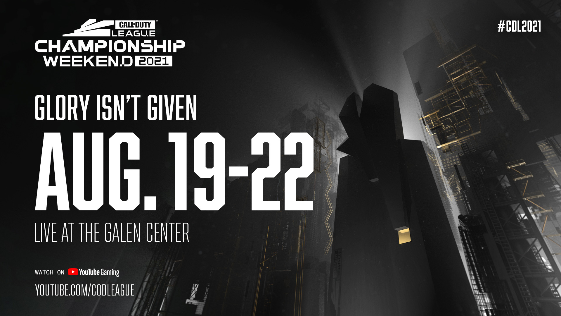 Text reading "Glory isn't given. Aug. 19 - 22. Live at the Gallen Center."