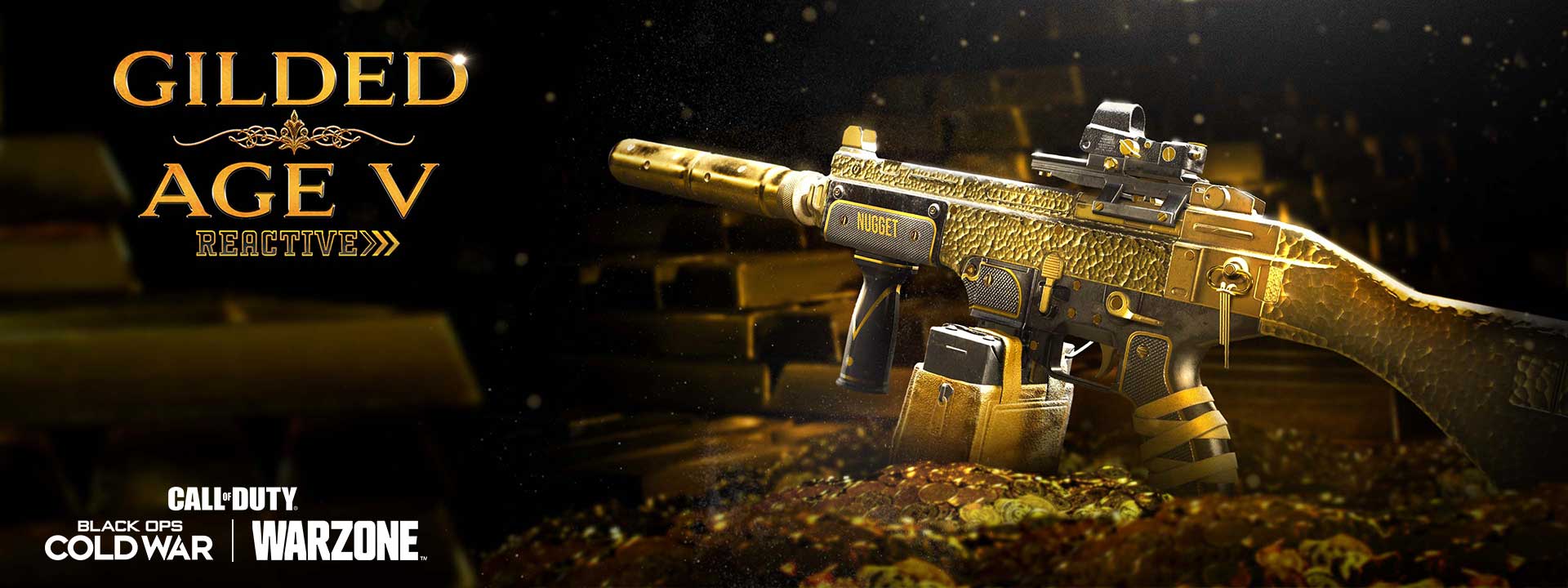 Golden gun sitting in a pile of gold coins