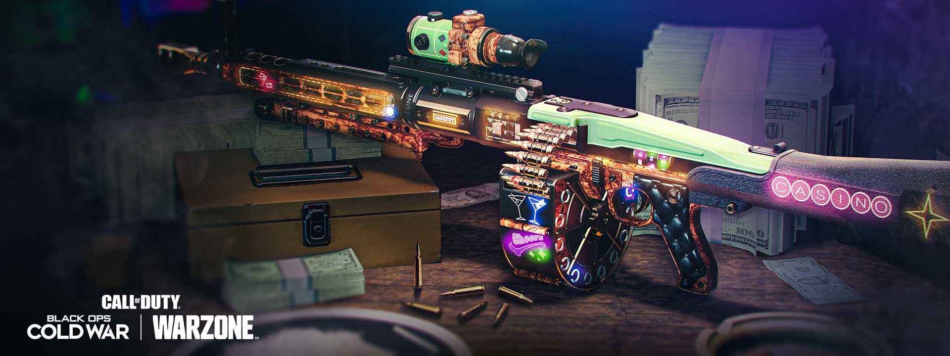 Gun with casino themed cosmetic skin
