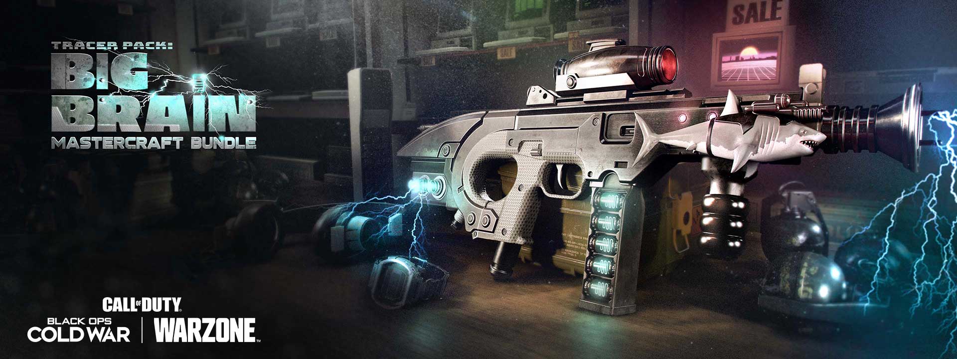 Gun with shark design that has electricity surrounding it