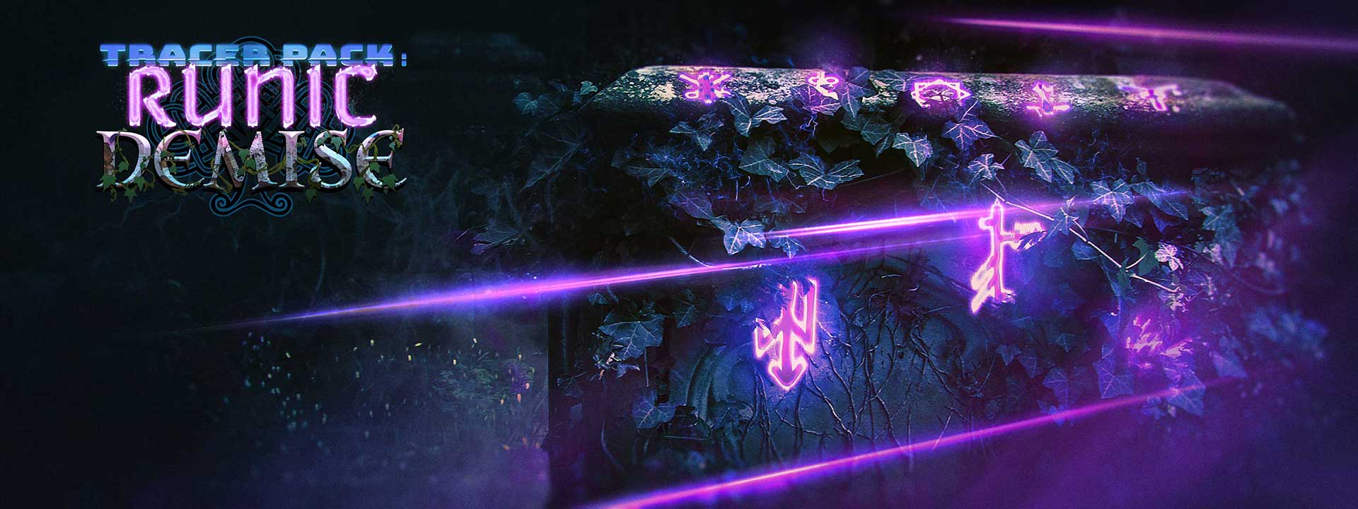 Glowing runes engraved on a large stone slate that is wrapped in vines