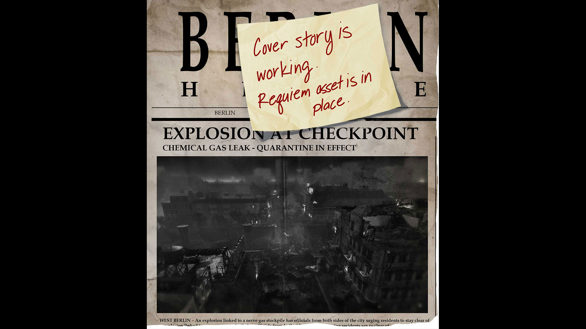 Newspaper clipping with sticky note on top that reads "Cover story is working. Requiem asset is in place."