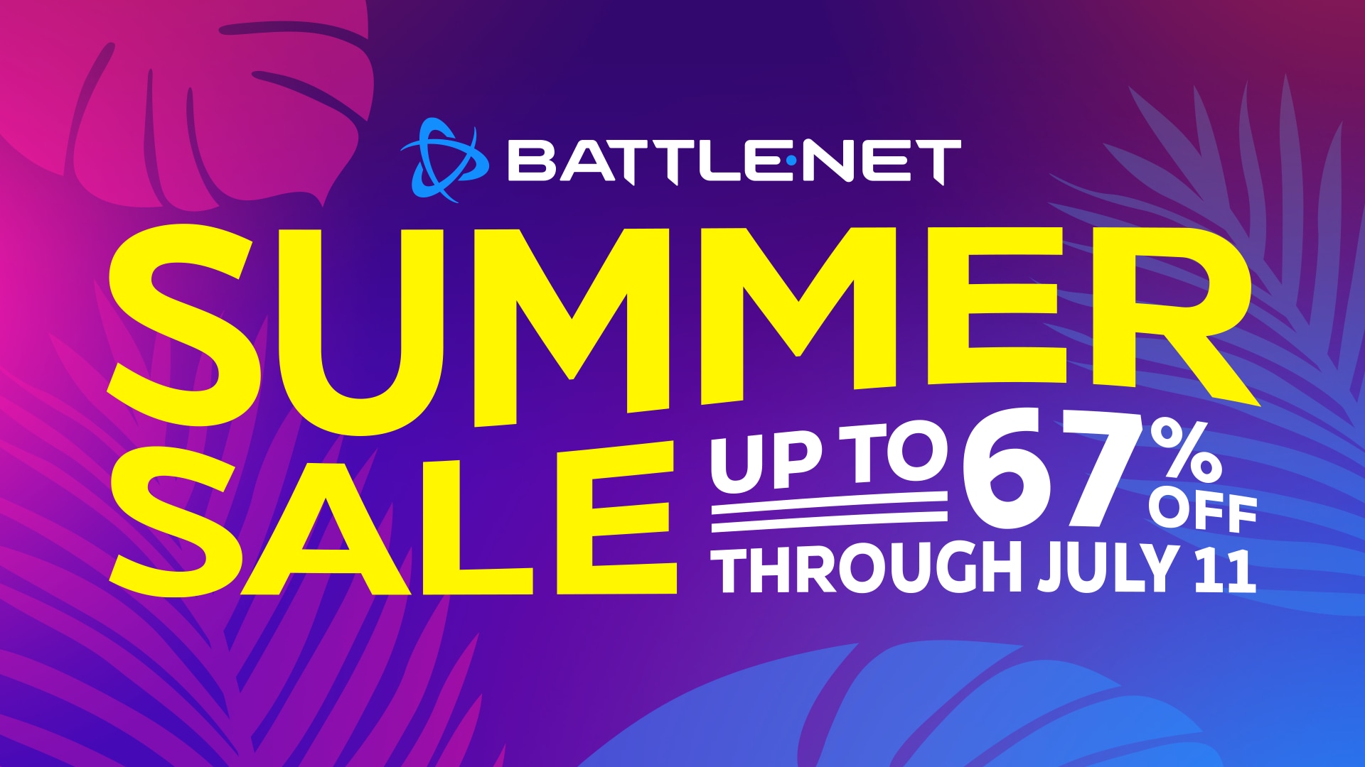 Text on a leafy background that says "Summer Sale: Up to 67% off through July 11"