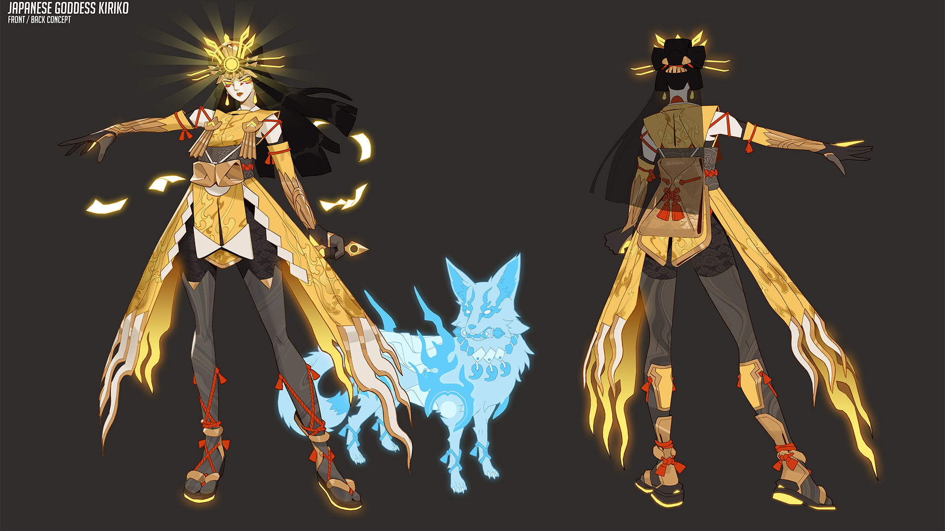 Concept art of Amaterasu Kiriko Mythic skin labeled “Japanese Goddess Kiriko Front/Back concept” in the top left. The skin has gold and bronze coloring with pieces of red rope tying it together around her sandals and legs, and on her back. Her legs/leggings are dark gray, and the bronze sleeves with dark gloves are removed from the rest of the dress showing her shoulders. Her gold headdress is illuminated.