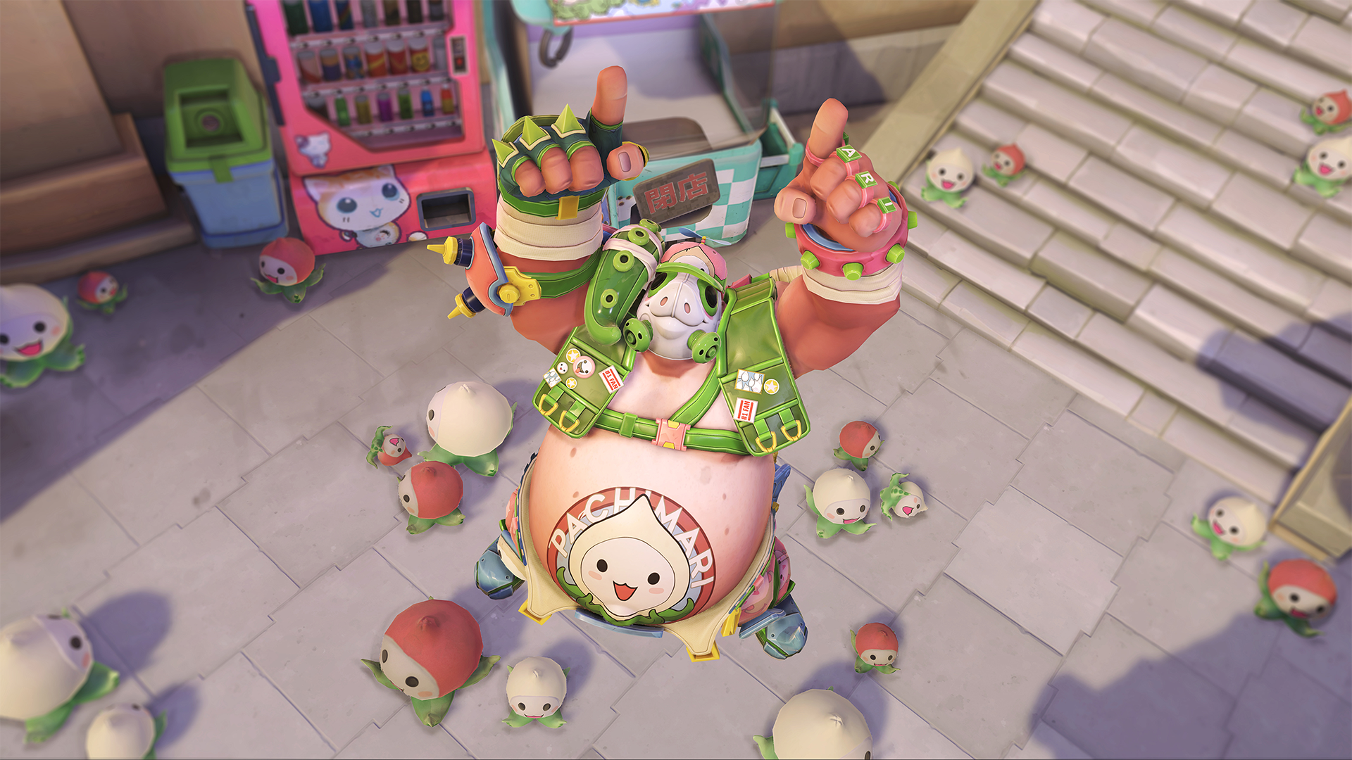 Pachimarchi roadhog surrounded by pachimaris pointing both index fingers upwards and looking up as well, standing on pavement with vending machines behind them.