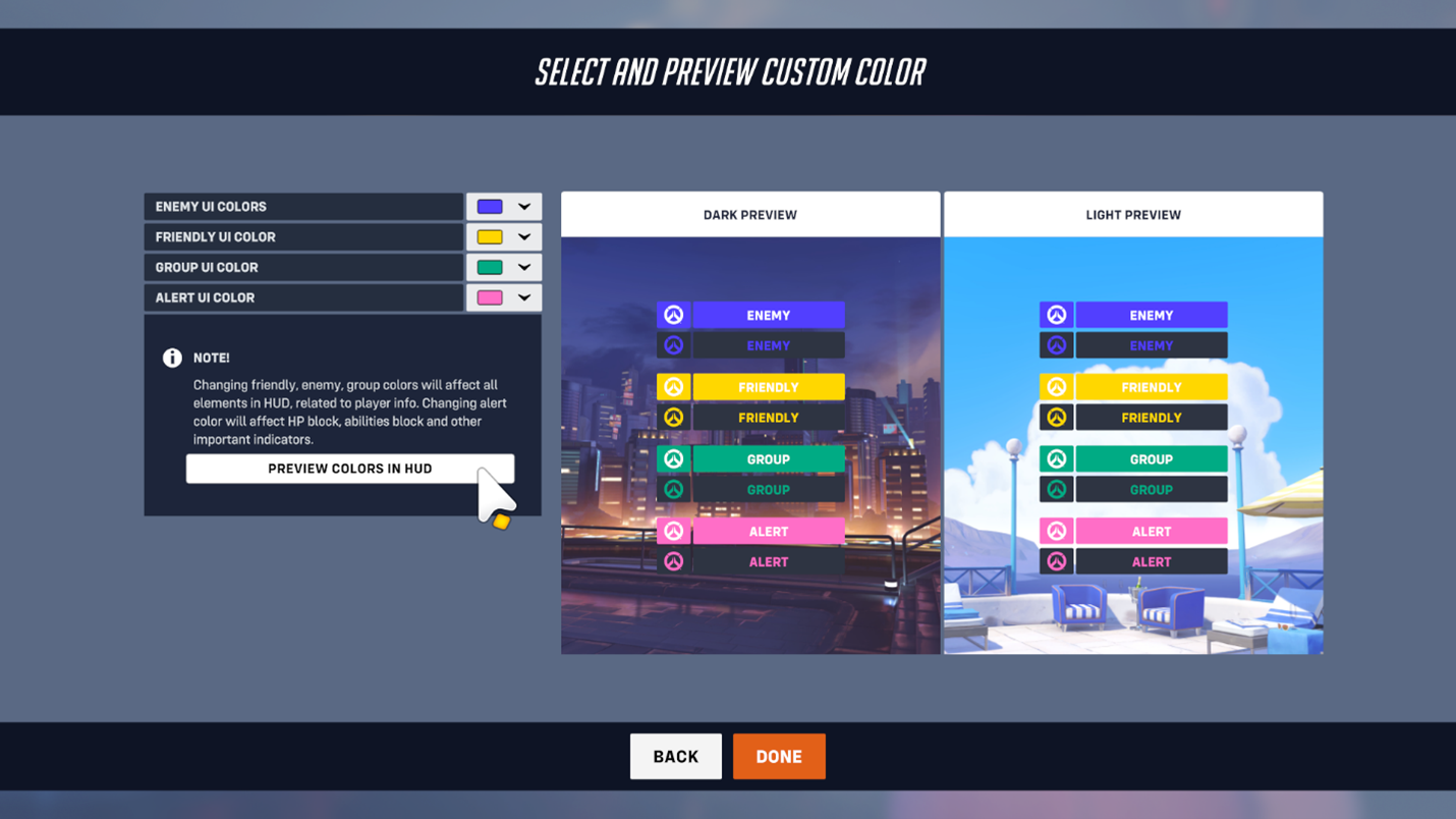 Screenshot Ukážka nastavenia možností zmeny farby používateľského rozhrania v ponuke prístupnosti