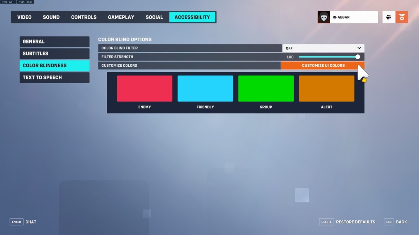 Screenshot preview of color blindness setting options in the accessibility menu.