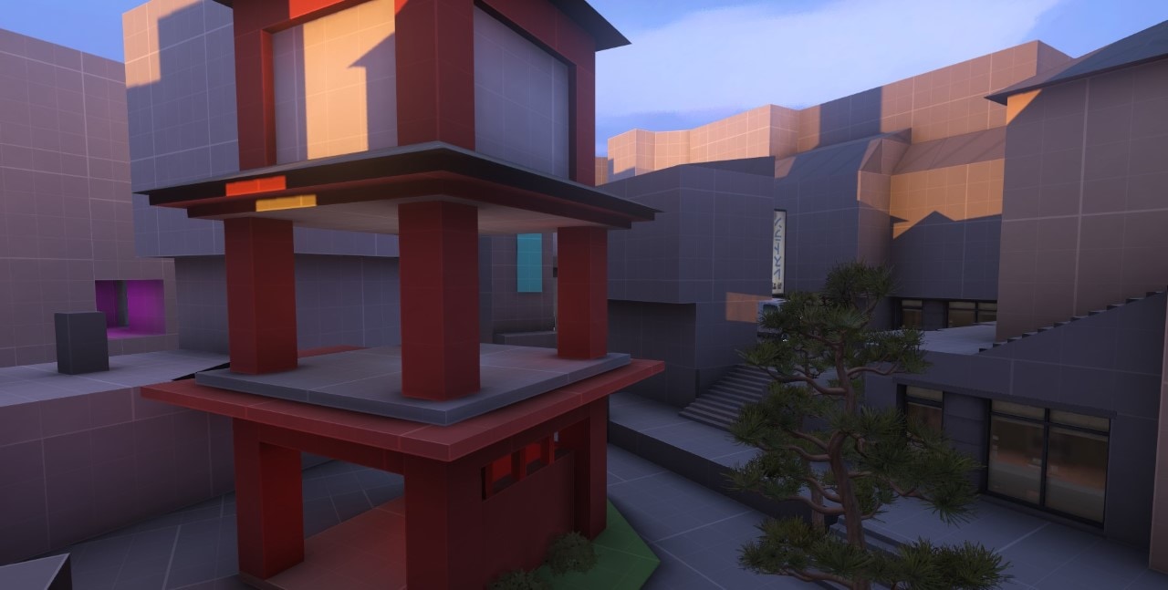 In-game screen capture of a pre-rendered Kanezaka temple tower.
