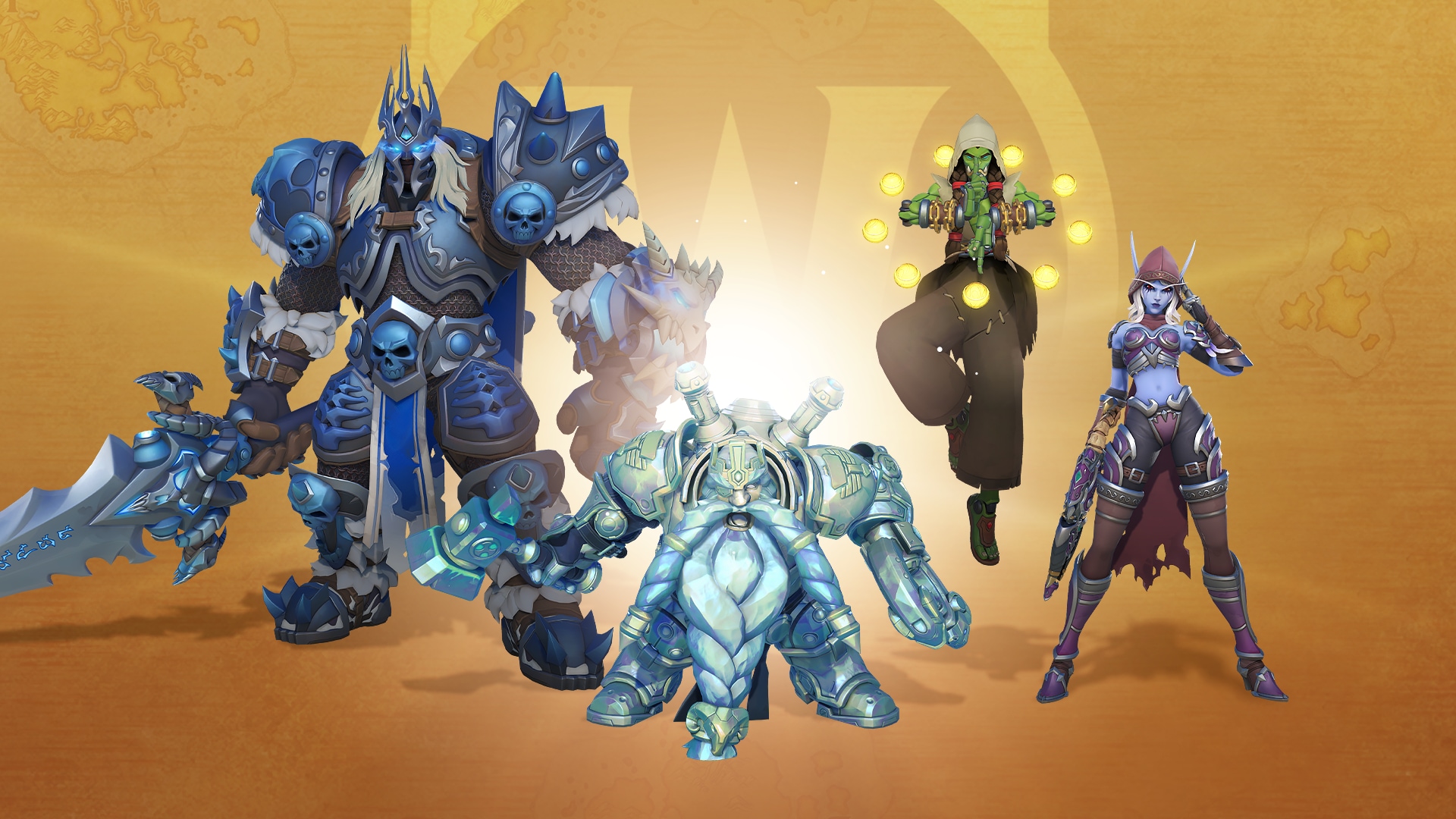 Skins: Lichkönig Reinhardt, Diamant-Magni Torbjörn, Thrall Zenyatta und Widowmaker als Sylvanas Windläufer