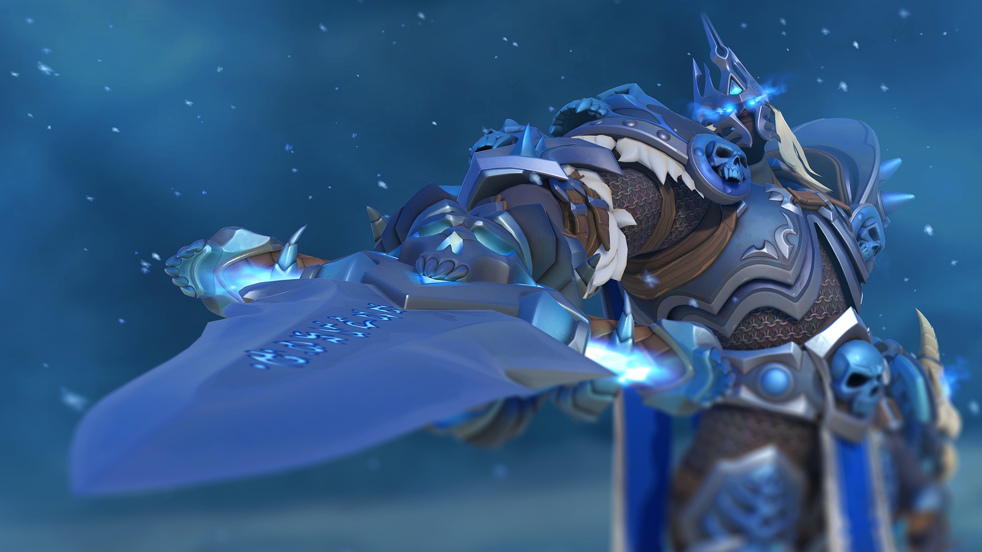 Lich King Reinhardt pointing Frostmourne at in the direction of the viewer forward