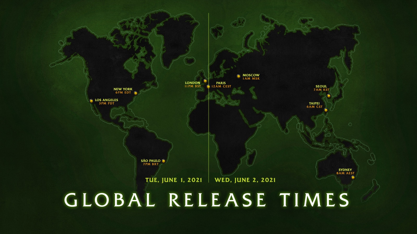 A map displaying release times in several countries.