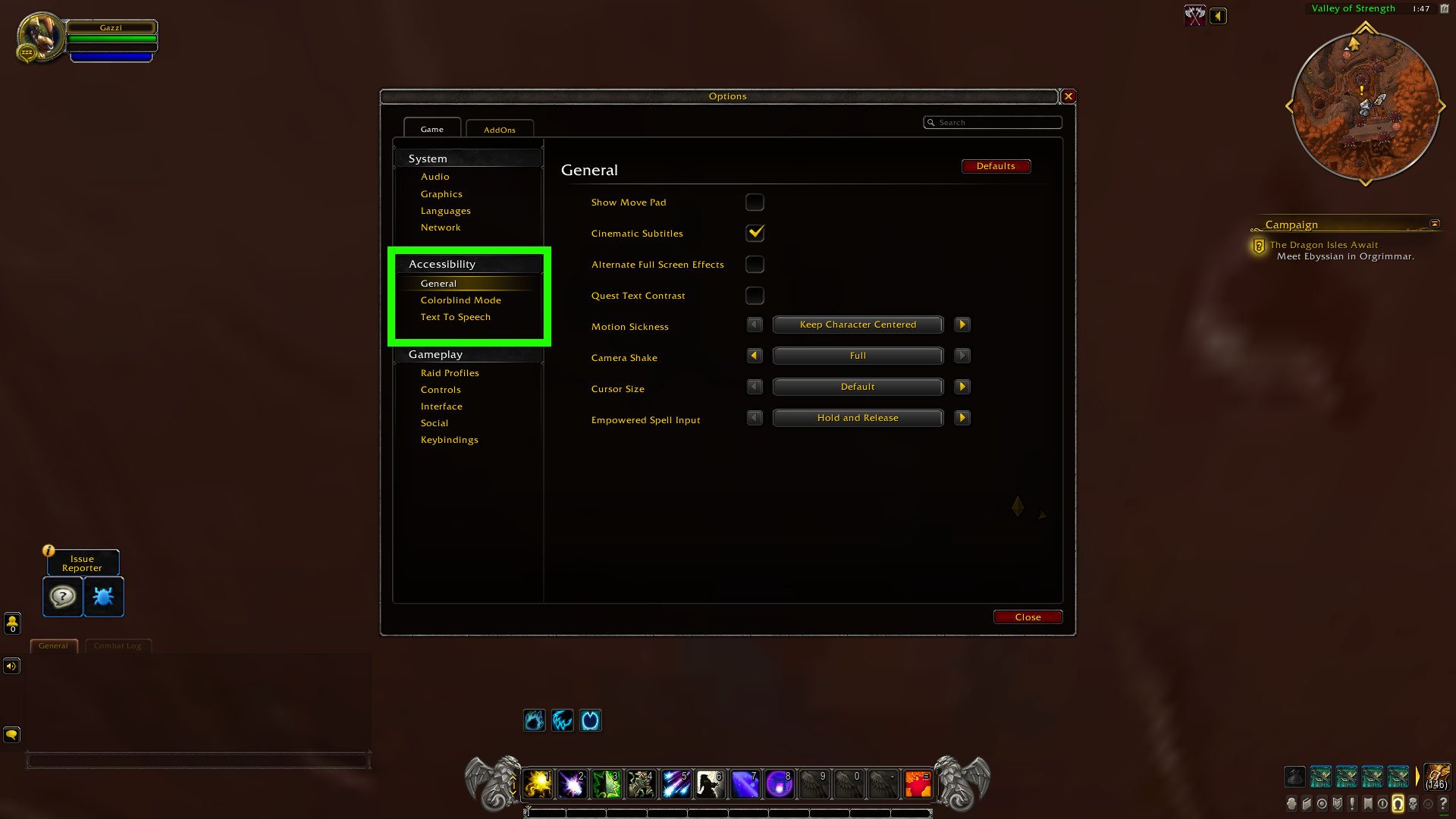 The Game Options menu, showing the accessibility section highlighted.